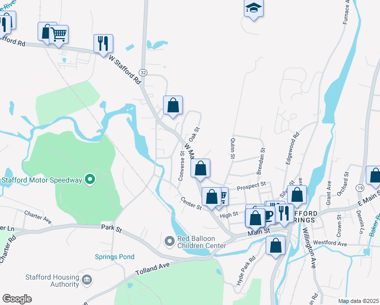 map of restaurants, bars, coffee shops, grocery stores, and more near 18 Converse Street in Stafford