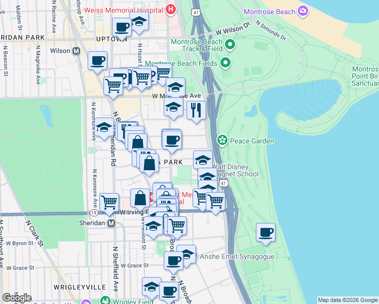 map of restaurants, bars, coffee shops, grocery stores, and more near 716 West Gordon Terrace in Chicago