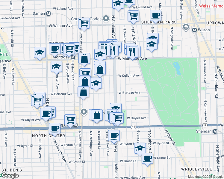 map of restaurants, bars, coffee shops, grocery stores, and more near 1604 West Berteau Avenue in Chicago