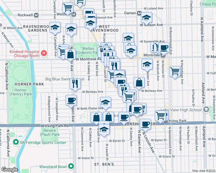 map of restaurants, bars, coffee shops, grocery stores, and more near 4208 North Leavitt Street in Chicago