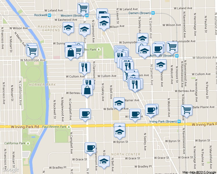 map of restaurants, bars, coffee shops, grocery stores, and more near 4206 North Bell Avenue in Chicago