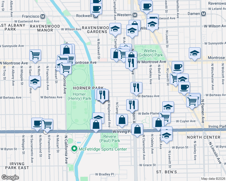 map of restaurants, bars, coffee shops, grocery stores, and more near 2476 West Berteau Avenue in Chicago