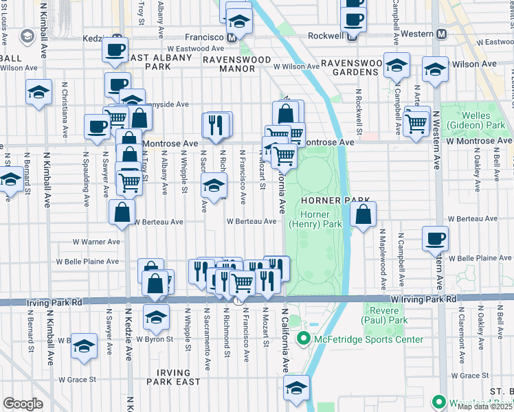 map of restaurants, bars, coffee shops, grocery stores, and more near 4211 North Francisco Avenue in Chicago