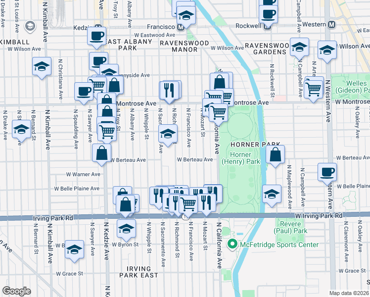 map of restaurants, bars, coffee shops, grocery stores, and more near 4211 North Francisco Avenue in Chicago