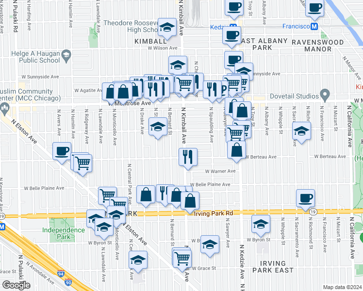 map of restaurants, bars, coffee shops, grocery stores, and more near 4215 North Bernard Street in Chicago