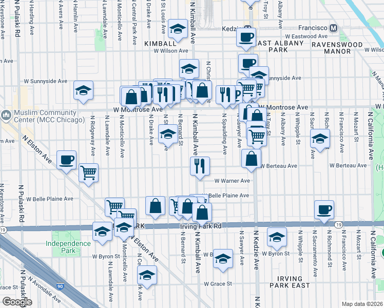 map of restaurants, bars, coffee shops, grocery stores, and more near 4215 North Bernard Street in Chicago