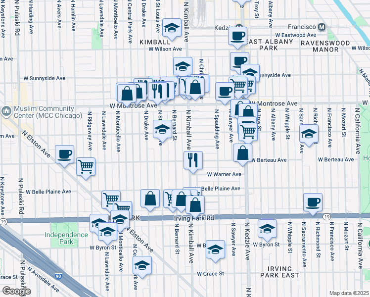 map of restaurants, bars, coffee shops, grocery stores, and more near 4215 North Bernard Street in Chicago