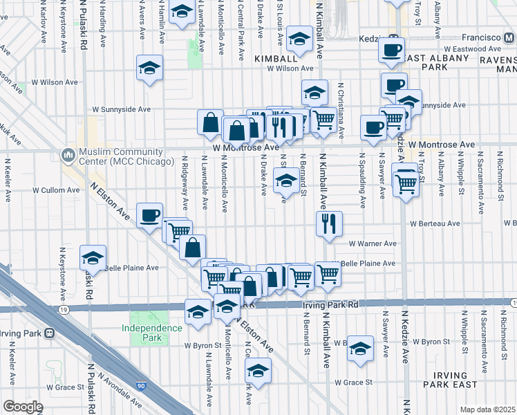 map of restaurants, bars, coffee shops, grocery stores, and more near 4214 North Drake Avenue in Chicago