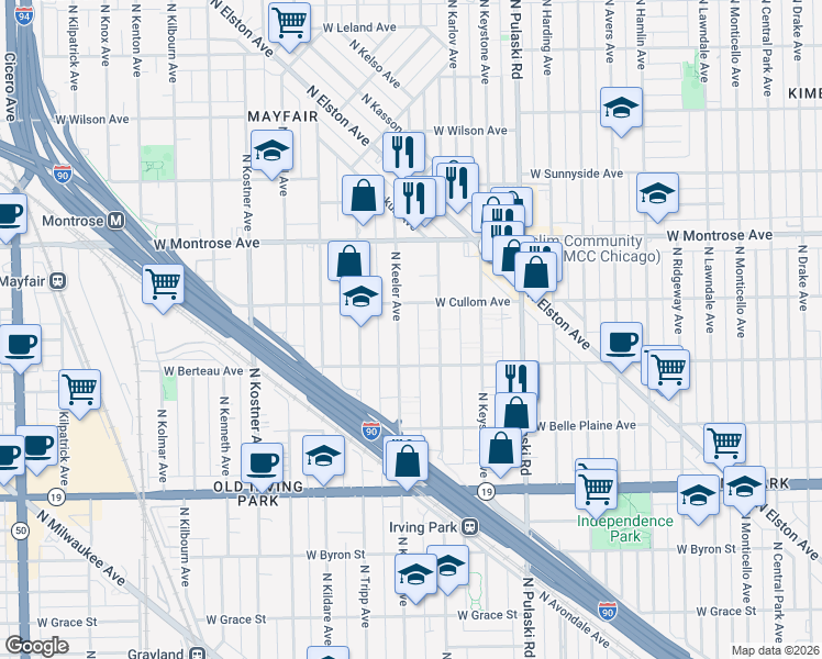 map of restaurants, bars, coffee shops, grocery stores, and more near 4221 North Keeler Avenue in Chicago