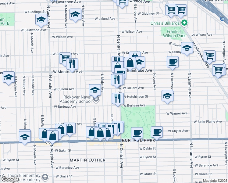 map of restaurants, bars, coffee shops, grocery stores, and more near 4239 North Parkside Avenue in Chicago