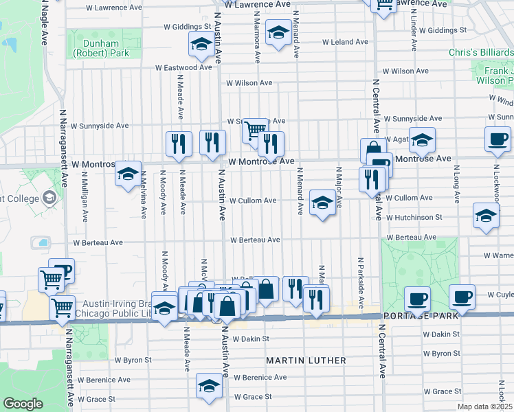 map of restaurants, bars, coffee shops, grocery stores, and more near 4241 North Mason Avenue in Chicago