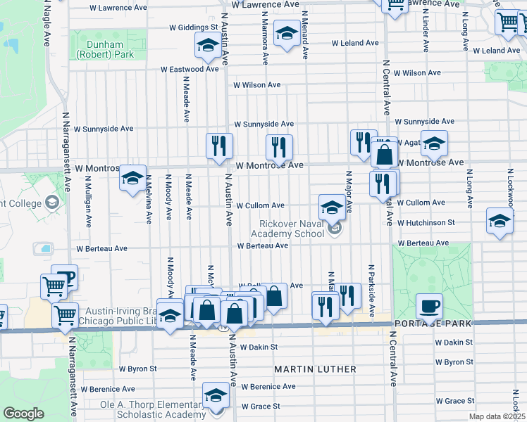 map of restaurants, bars, coffee shops, grocery stores, and more near 4241 North Mason Avenue in Chicago