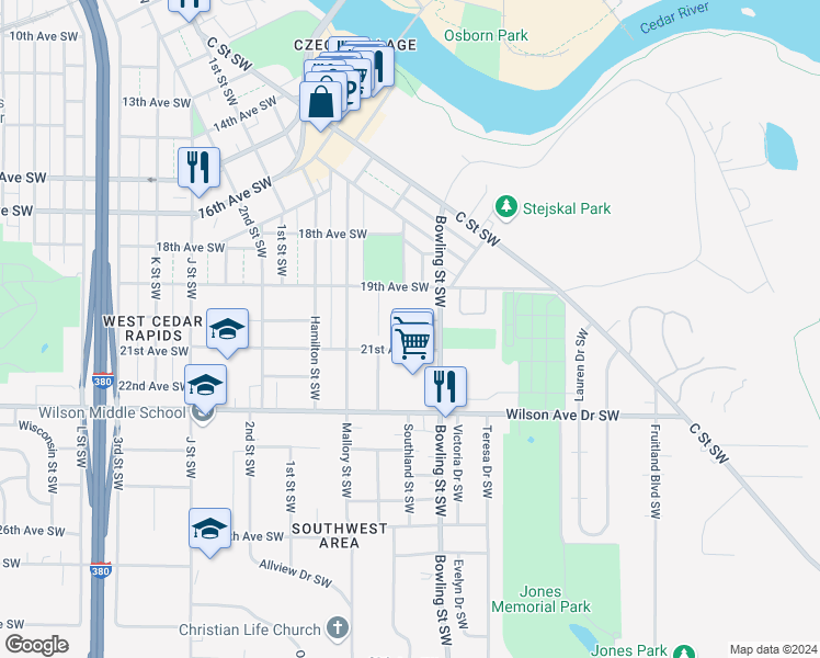 map of restaurants, bars, coffee shops, grocery stores, and more near 136 21st Avenue Southwest in Cedar Rapids