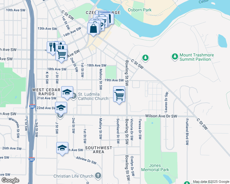 map of restaurants, bars, coffee shops, grocery stores, and more near 136 21st Avenue Southwest in Cedar Rapids
