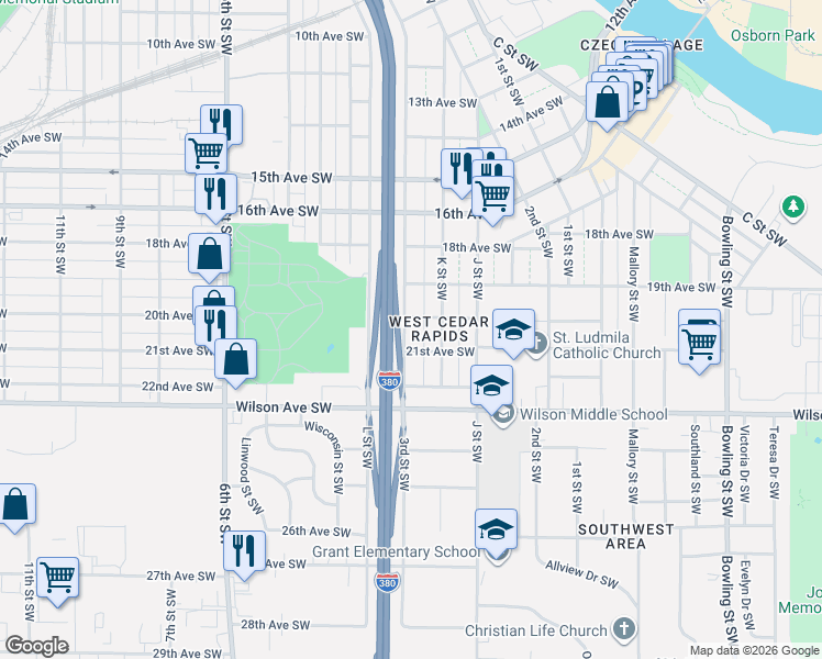 map of restaurants, bars, coffee shops, grocery stores, and more near 2021 3rd Street Southwest in Cedar Rapids