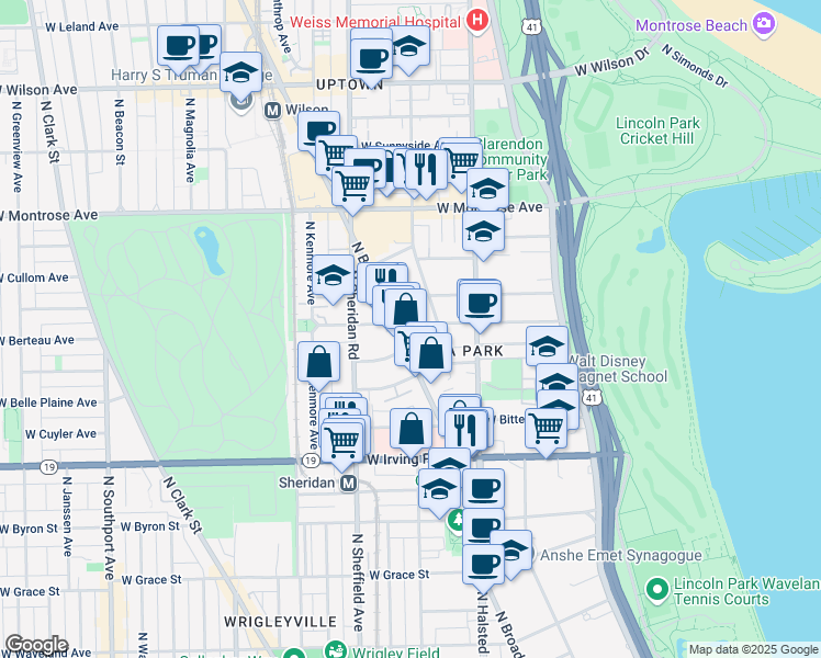 map of restaurants, bars, coffee shops, grocery stores, and more near 869 West Buena Avenue in Chicago