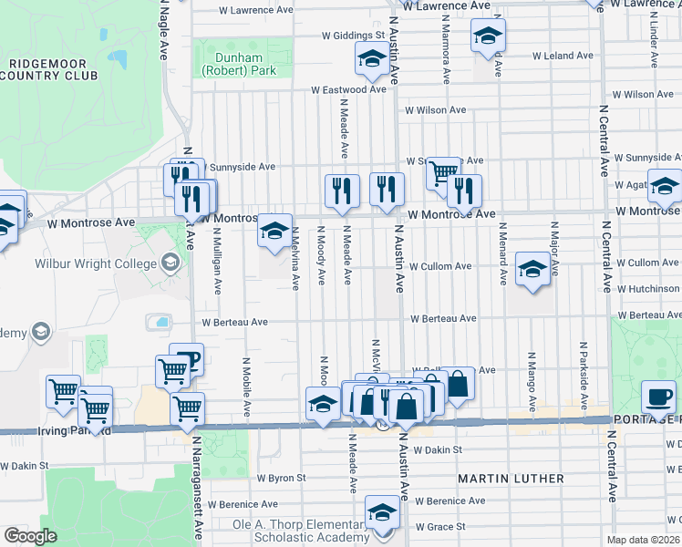 map of restaurants, bars, coffee shops, grocery stores, and more near 4243 North Moody Avenue in Chicago