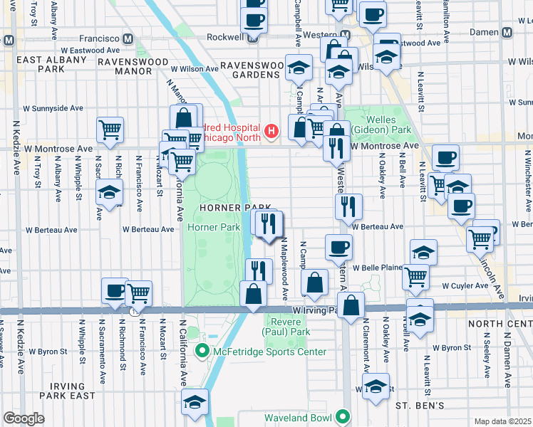 map of restaurants, bars, coffee shops, grocery stores, and more near 2537 West Hutchinson Street in Chicago