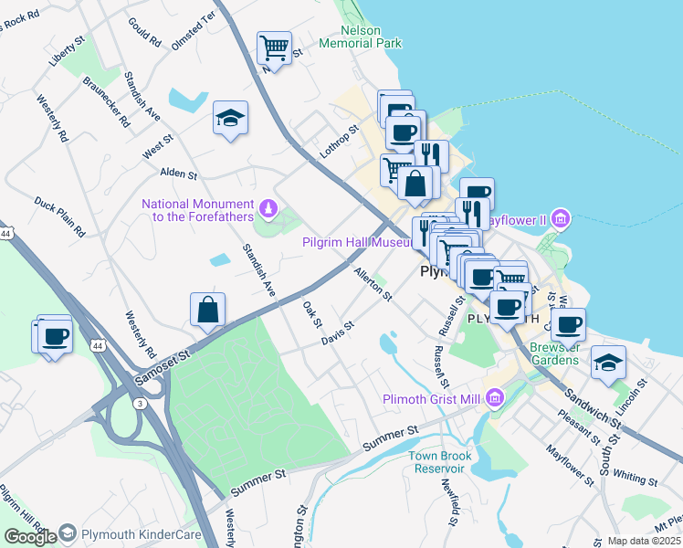 map of restaurants, bars, coffee shops, grocery stores, and more near 38 Samoset Street in Plymouth