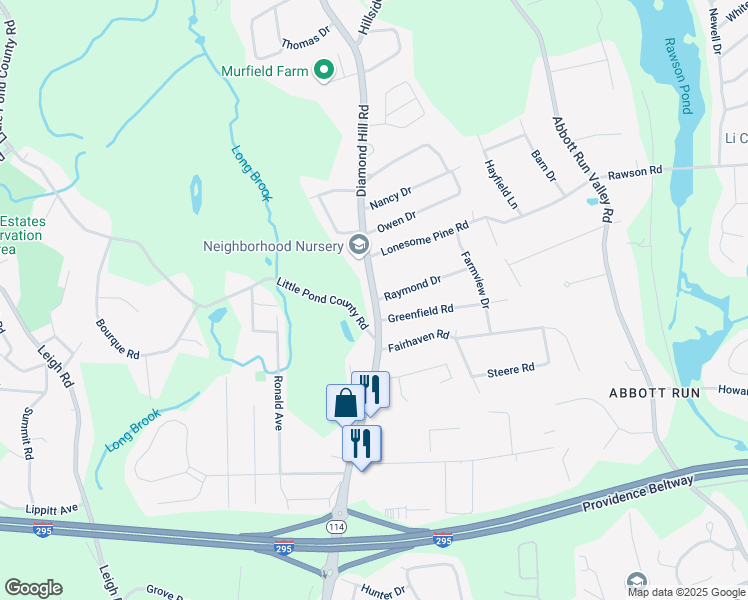 map of restaurants, bars, coffee shops, grocery stores, and more near 2500 Diamond Hill Road in Cumberland