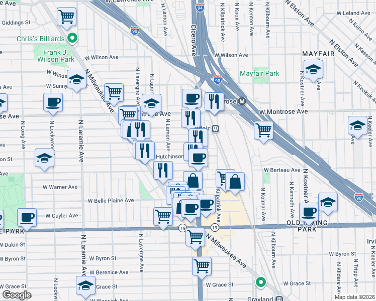 map of restaurants, bars, coffee shops, grocery stores, and more near 4825 West Hutchinson Street in Chicago