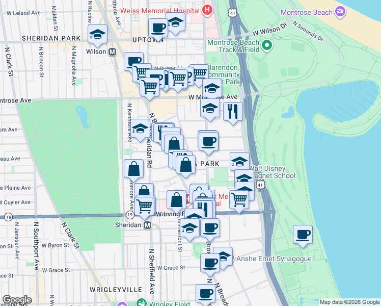 map of restaurants, bars, coffee shops, grocery stores, and more near 833 West Buena Avenue in Chicago