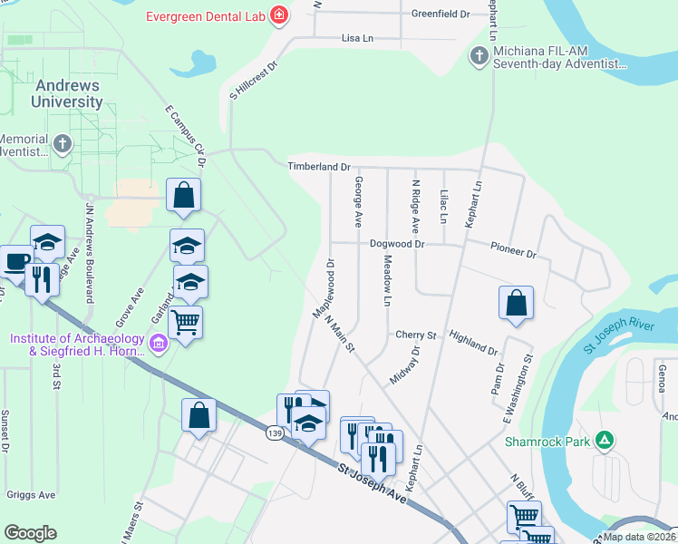 map of restaurants, bars, coffee shops, grocery stores, and more near 8871 Maplewood Drive in Berrien Springs