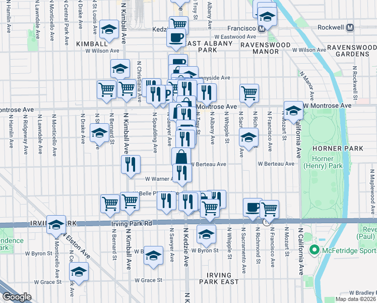 map of restaurants, bars, coffee shops, grocery stores, and more near 4213 North Kedzie Avenue in Chicago
