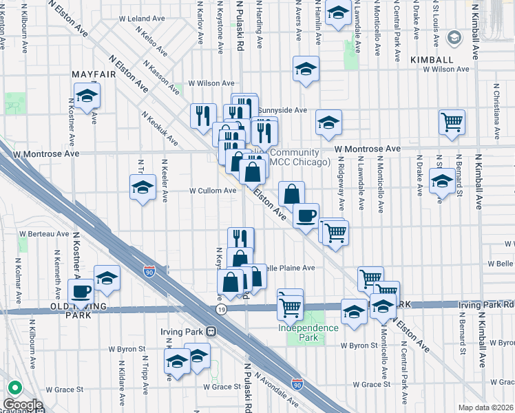 map of restaurants, bars, coffee shops, grocery stores, and more near 4223 North Pulaski Road in Chicago
