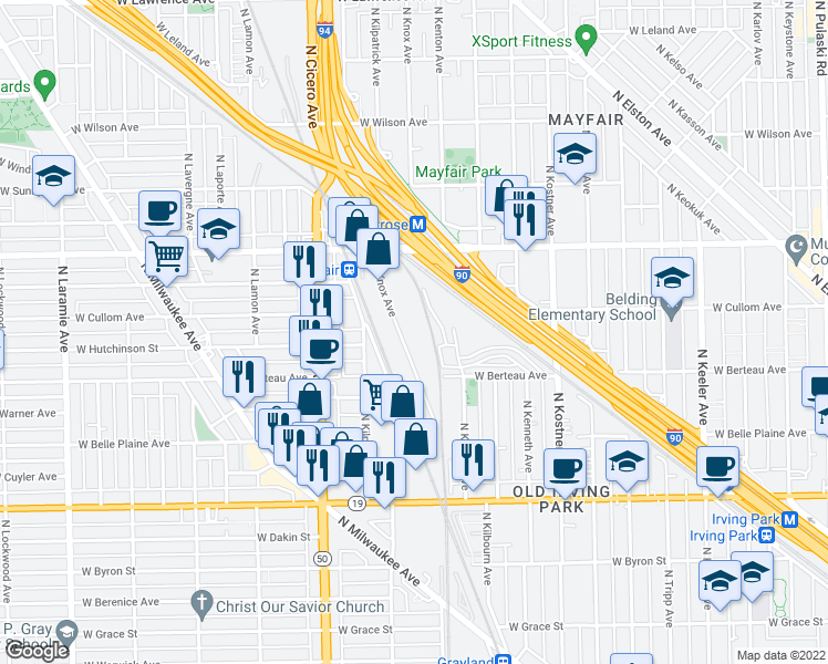 map of restaurants, bars, coffee shops, grocery stores, and more near 4245 North Knox Avenue in Chicago