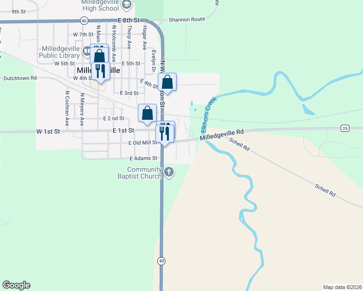 map of restaurants, bars, coffee shops, grocery stores, and more near 64-78 South Freeman Avenue in Milledgeville