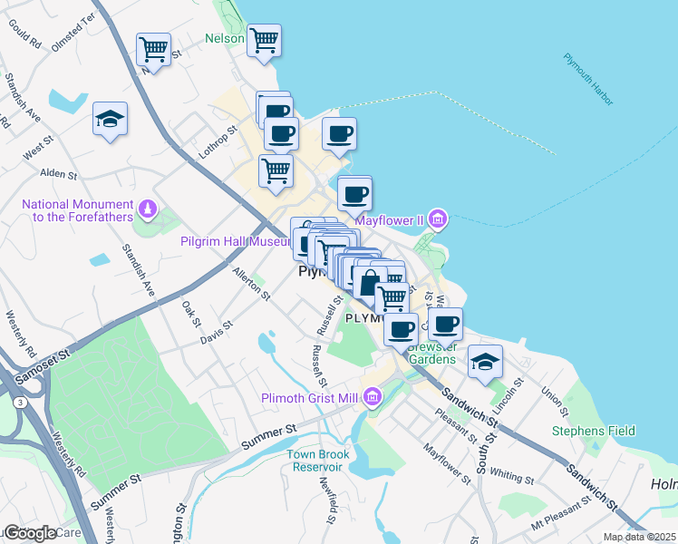 map of restaurants, bars, coffee shops, grocery stores, and more near 33 Court Street in Plymouth