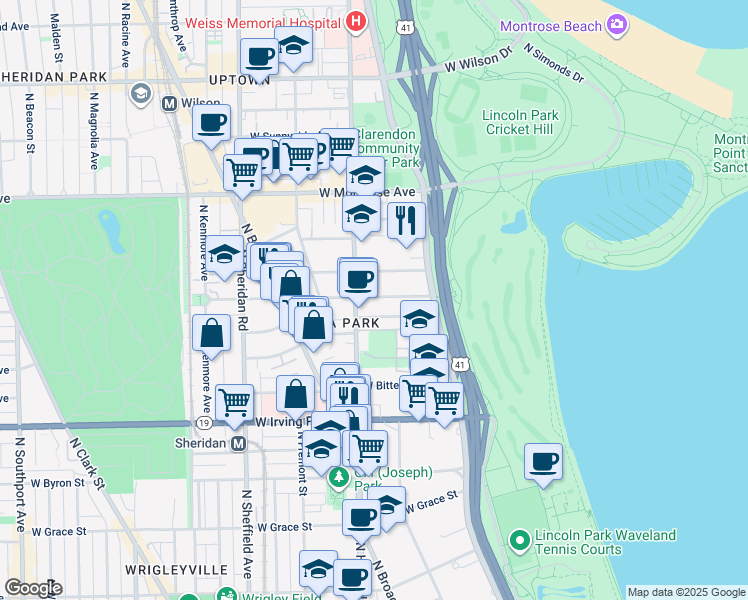 map of restaurants, bars, coffee shops, grocery stores, and more near 754 West Gordon Terrace in Chicago