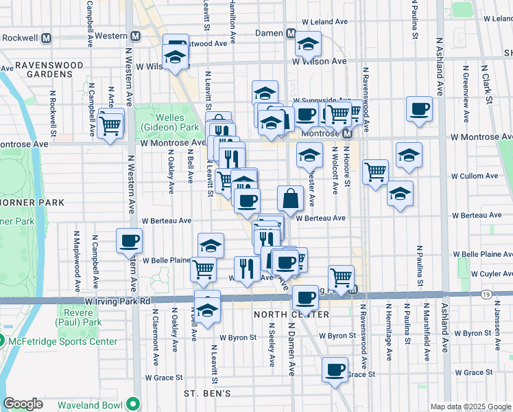map of restaurants, bars, coffee shops, grocery stores, and more near in Chicago