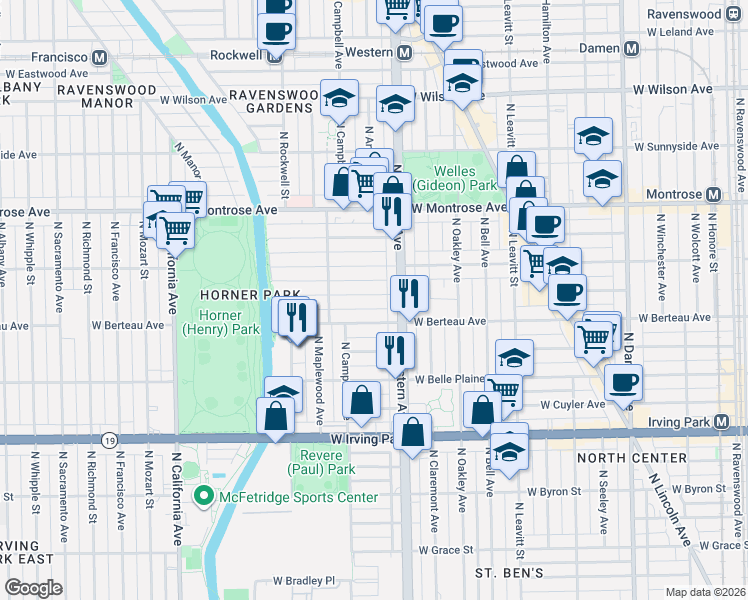 map of restaurants, bars, coffee shops, grocery stores, and more near 2432 West Berteau Avenue in Chicago