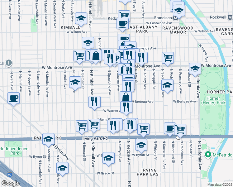 map of restaurants, bars, coffee shops, grocery stores, and more near 4210 North Sawyer Avenue in Chicago