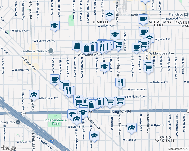 map of restaurants, bars, coffee shops, grocery stores, and more near 4214 North Drake Avenue in Chicago