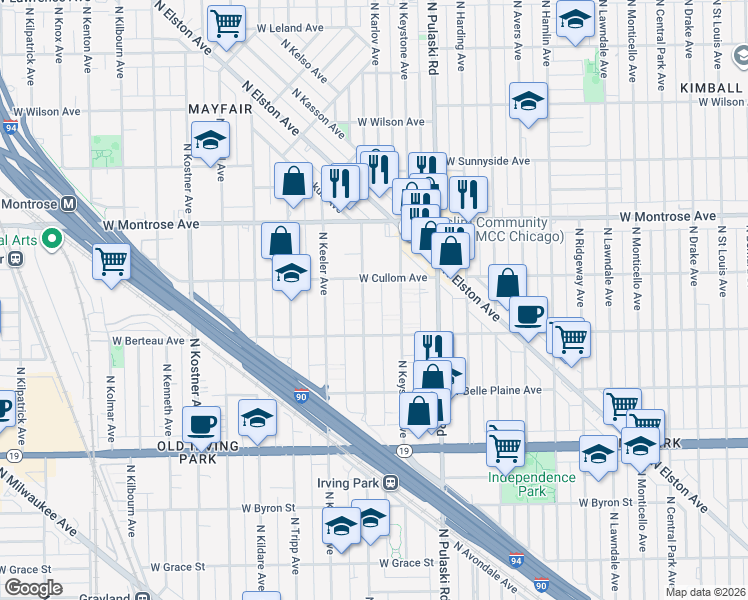 map of restaurants, bars, coffee shops, grocery stores, and more near 4221 North Kedvale Avenue in Chicago