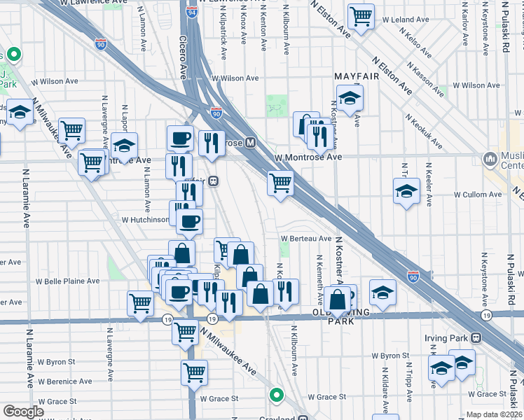 map of restaurants, bars, coffee shops, grocery stores, and more near 4552 West Hutchinson Street in Chicago