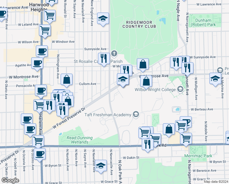 map of restaurants, bars, coffee shops, grocery stores, and more near 4239 North Oak Park Avenue in Chicago