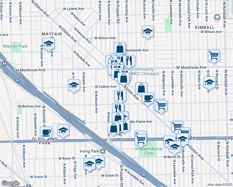 map of restaurants, bars, coffee shops, grocery stores, and more near 4223 North Pulaski Road in Chicago