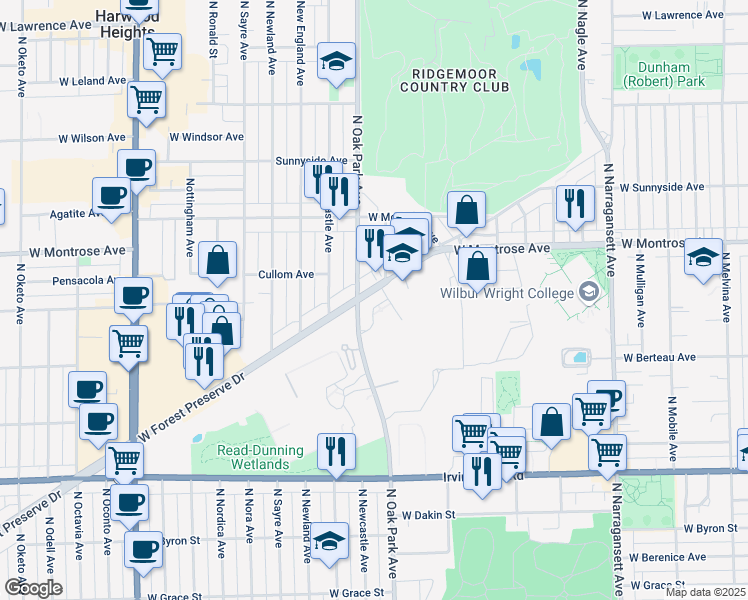 map of restaurants, bars, coffee shops, grocery stores, and more near 4239 North Oak Park Avenue in Chicago