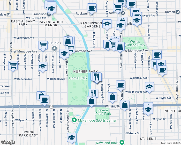 map of restaurants, bars, coffee shops, grocery stores, and more near 4245 North California Avenue in Chicago