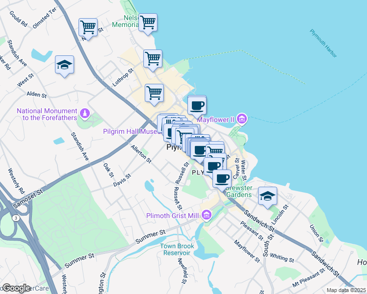 map of restaurants, bars, coffee shops, grocery stores, and more near in Plymouth