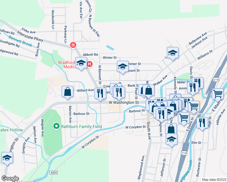 map of restaurants, bars, coffee shops, grocery stores, and more near 1-11 McCourt Place in Bradford