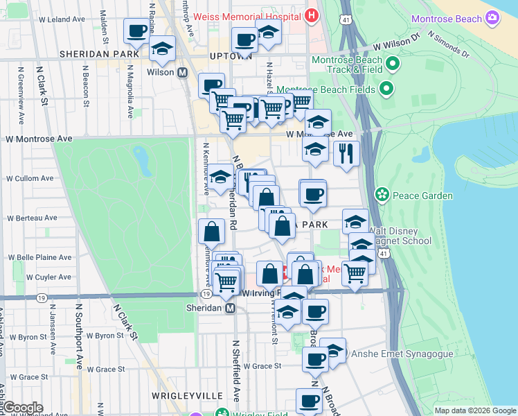 map of restaurants, bars, coffee shops, grocery stores, and more near North Broadway Street & West Buena Avenue in Chicago
