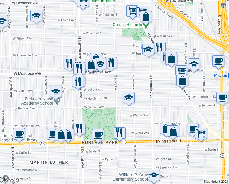 map of restaurants, bars, coffee shops, grocery stores, and more near 5401 West Cullom Avenue in Chicago