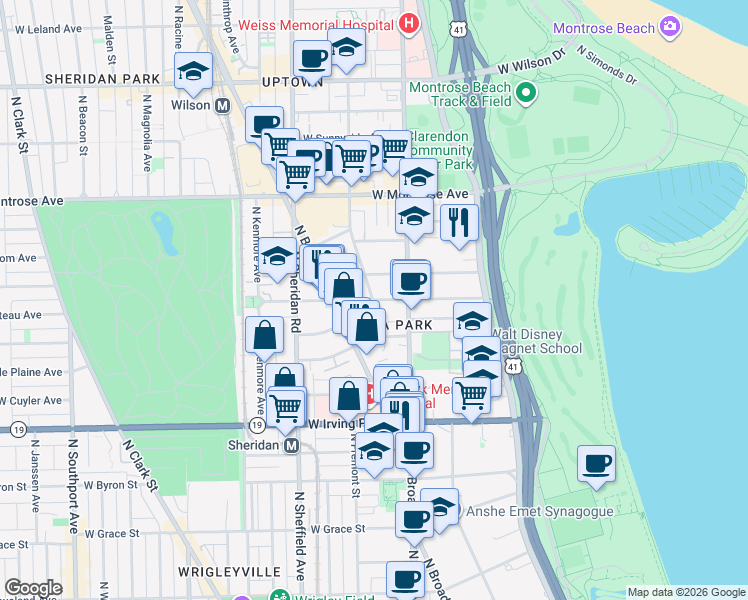 map of restaurants, bars, coffee shops, grocery stores, and more near W Buena Ave & N Hazel St in Chicago