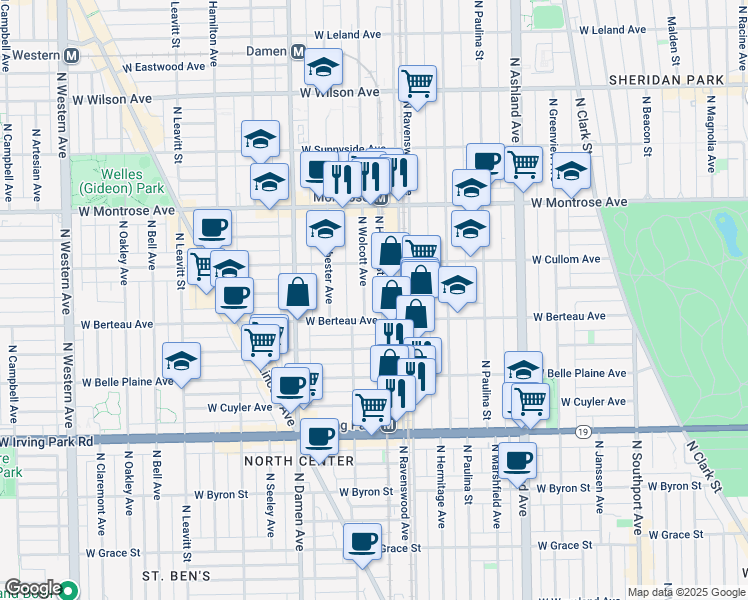 map of restaurants, bars, coffee shops, grocery stores, and more near 4219 North Wolcott Avenue in Chicago