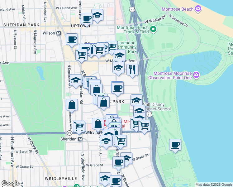 map of restaurants, bars, coffee shops, grocery stores, and more near N Clarendon Ave & W Buena Ave in Chicago